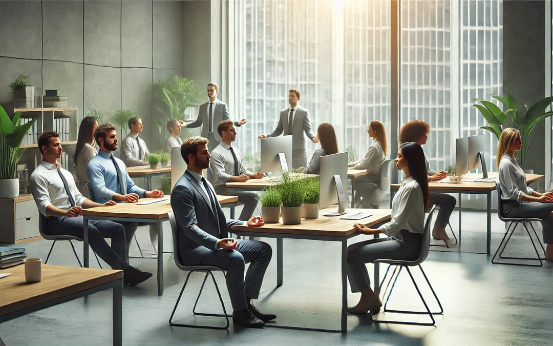 Employees practicing mindfulness in a modern office setting, creating a calm and focused workplace environment